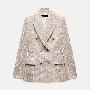 Zara Double Breasted Textured Weave Jacket in Pink